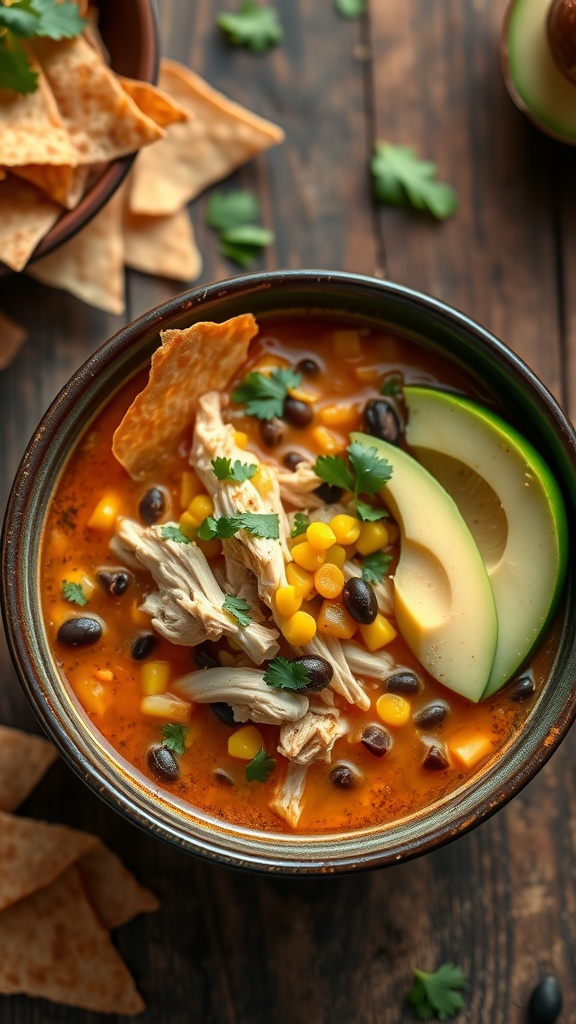 A bowl of chicken tortilla soup with shredded chicken, corn, black beans, and garnished with tortilla strips and avocado slices.
